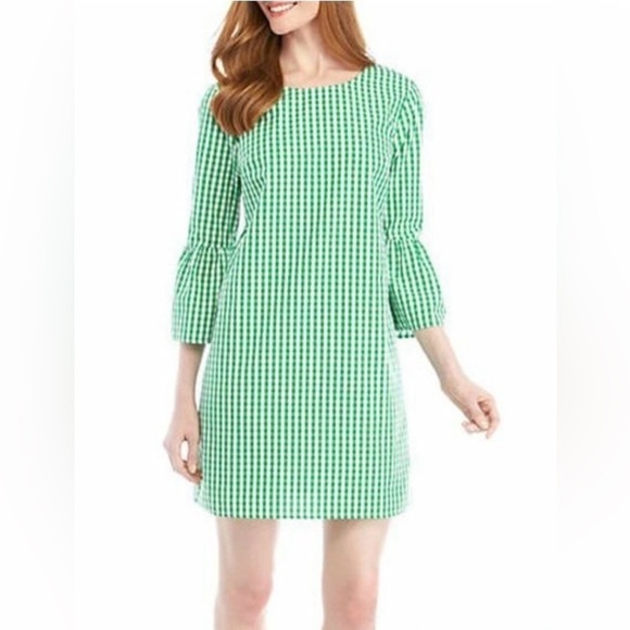 Crown & Ivy XL Green Checkered Shift Dress Knee Length 3/4 Sleeve Bow Accent​​​​ - Picture 1 of 12
